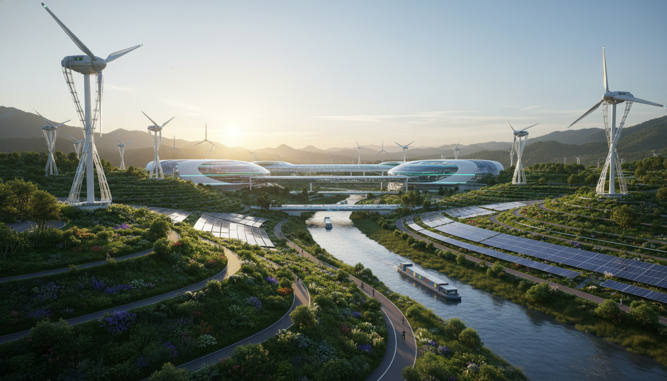 A futuristic eco-industrial park during a clear sunrise, featuring advanced modular wind turbines and extensive solar arrays seamlessly integrated into a lush green urban landscape, high-tech research facilities in the background, sharp focus, vibrant natural colors, cinematic composition, hyper-realistic.
